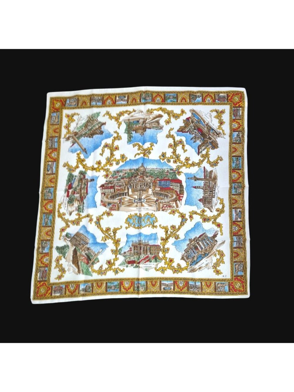Italian Roma Scarf Featuring Iconic Rome Landmarks White Gold Polyester Italy